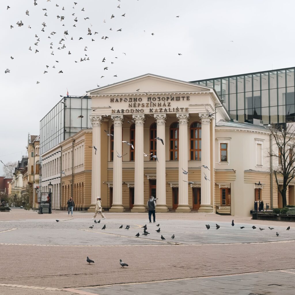 Pigeons soaring in front of Subotica's National Theatre, Serbia's architectural landmark.